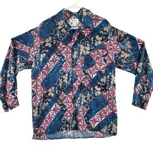 BOGARI Silk Button Down Long Sleeve Shirt Abstract Floral Print‎ Blue Red Mens M